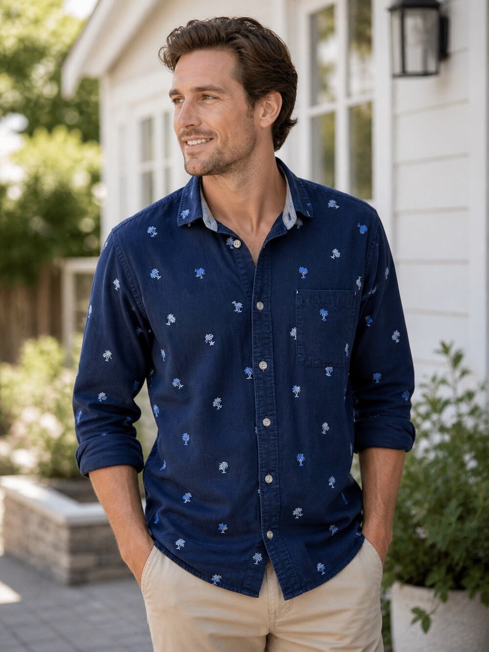 Tommy Bahama Men's Corduroy Twin Palms Shirt Throne in Navy Blue Size L